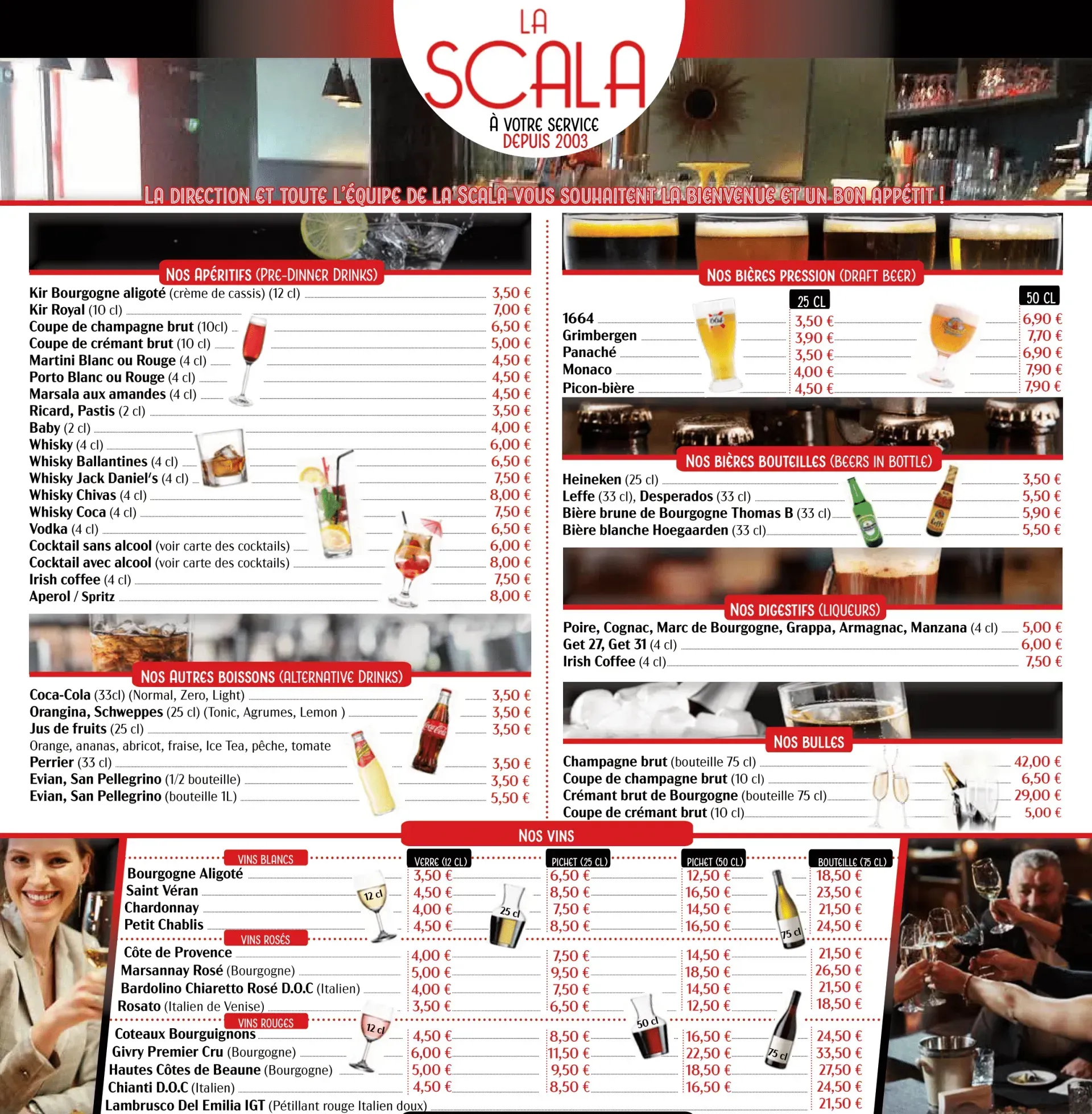 carte des boissons restaurant la scala dijon